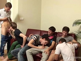 Young gay group sex party with bareback fucking and jacking