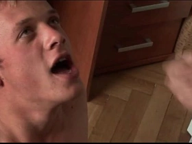 Young and attractive Caucasian men receiving semen from oral sex