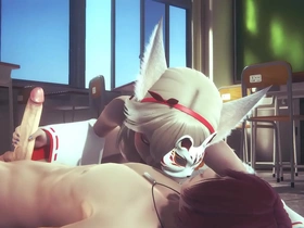 Japanese femboy cosplays as fox and engages in sexual activity in a classroom setting, with explicit content including cumshots and hard sex
