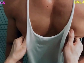 Muscular Asian man adored in the shower with nipple play